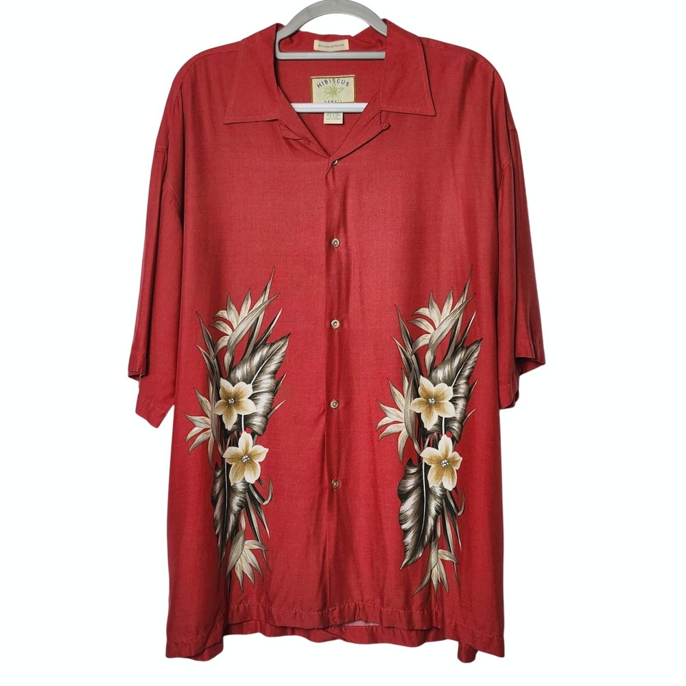 HIBISCUS HAWAII RAYON BUTTON UP SHIRT RED‎ TROPICAL FLORAL MENS XL